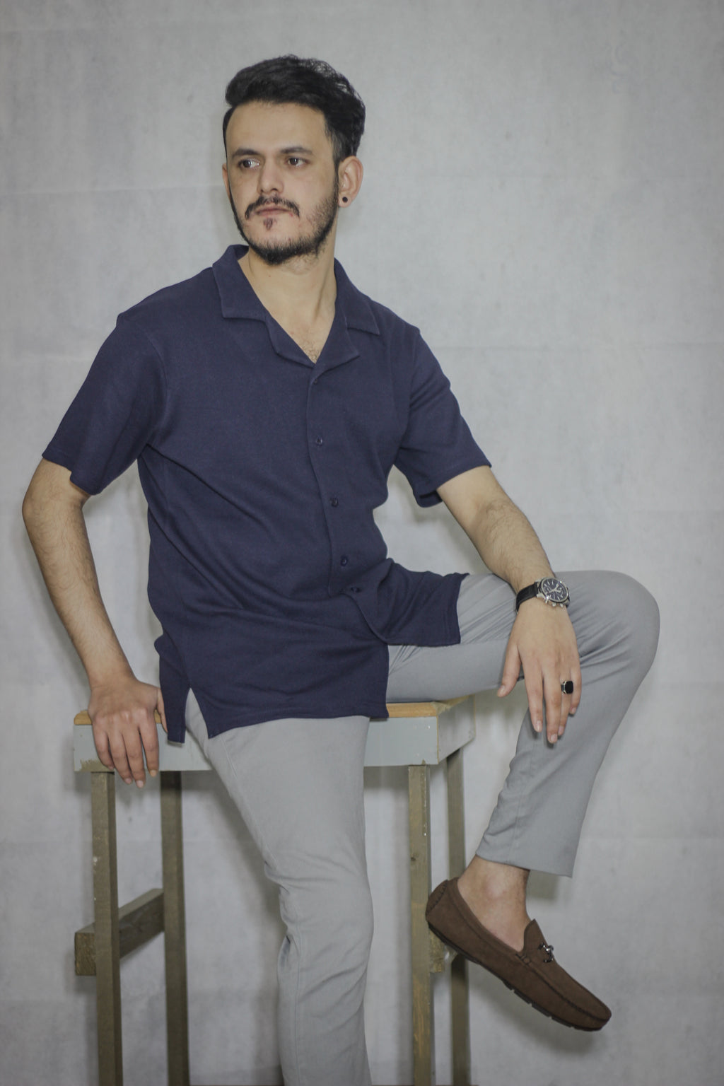 Navy blue Cuban Collar