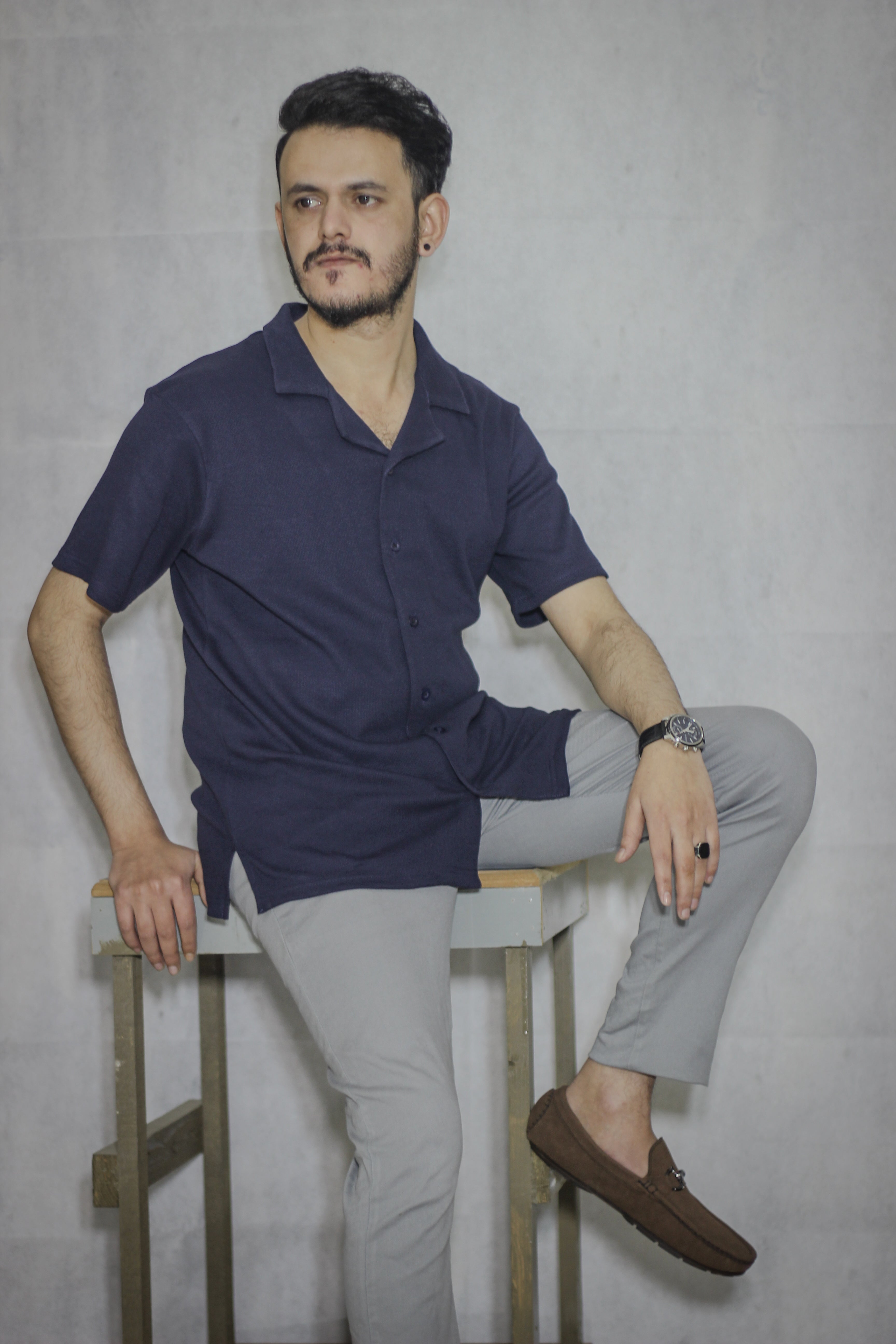Navy blue Cuban Collar